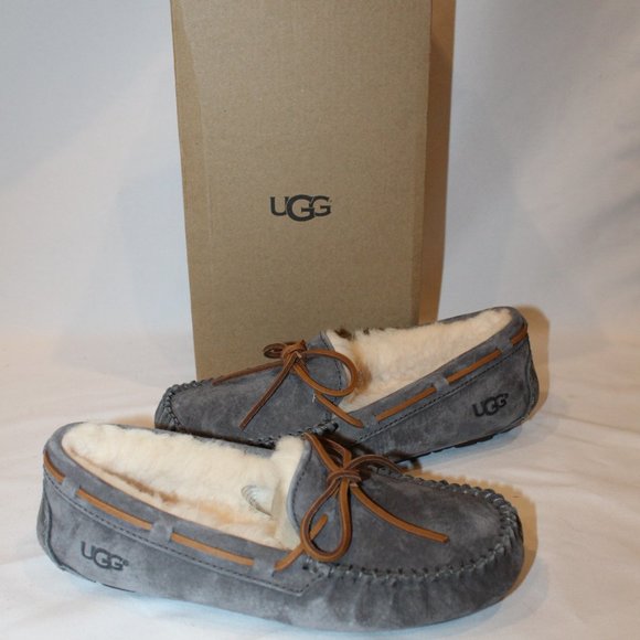 NIB UGG WOMEN'S DAKOTA GRAY SUEDE SHEARLING TIE SLIPPERS‎ - Picture 2 of 6